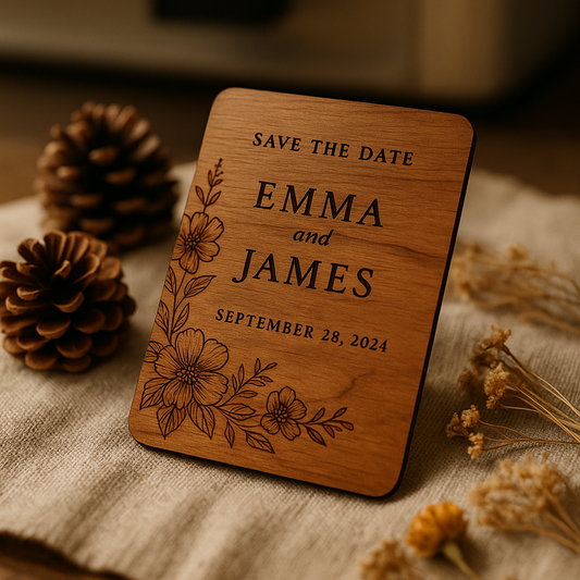 Wooden 'Save the Date' card for Emma and James on a rustic background with pinecones and dried flowers.